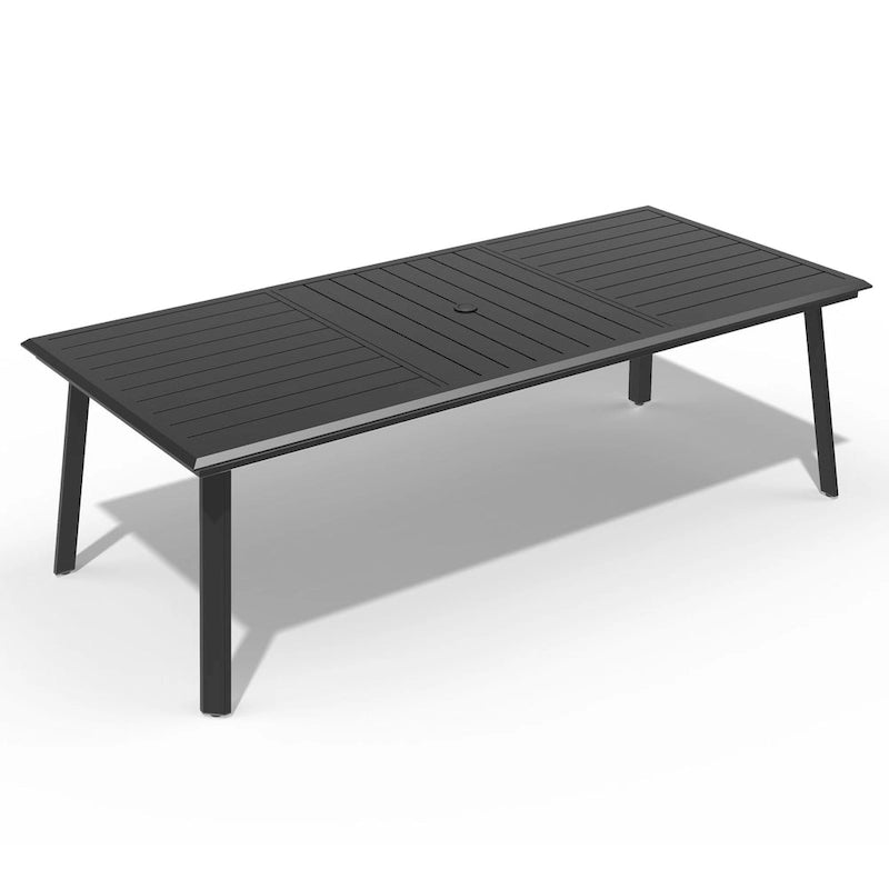 Matte Black Rectangular Aluminum Outdoor Dining Table with Umbrella Hole, Seats 6–8