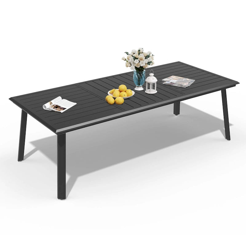 Matte Black Rectangular Aluminum Outdoor Dining Table with Umbrella Hole, Seats 6–8