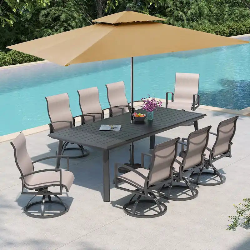 Matte Black Rectangular Aluminum Outdoor Dining Table with Umbrella Hole, Seats 6–8