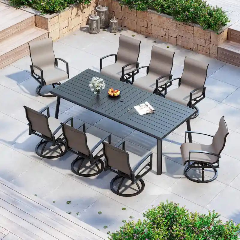 Matte Black Rectangular Aluminum Outdoor Dining Table with Umbrella Hole, Seats 6–8