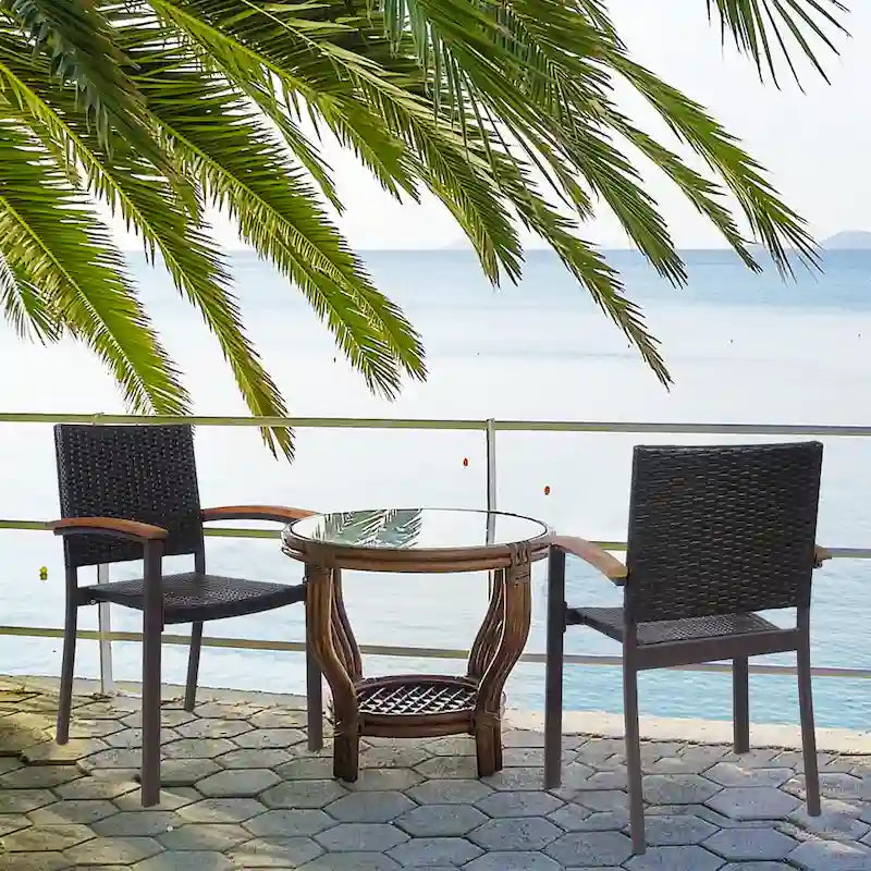 Mix Brown Stackable Armrest Rattan Dining Chairs, Set of 2
