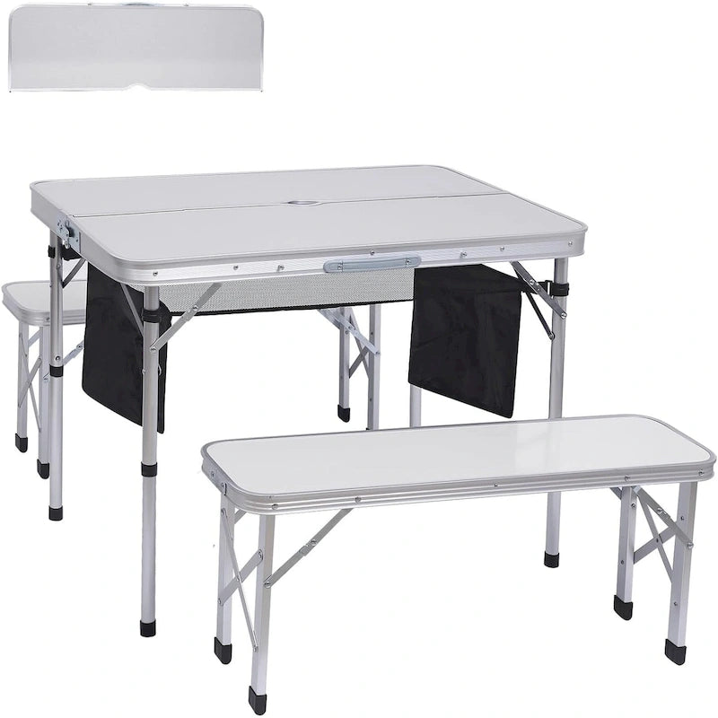 Off White Folding Picnic Table & 2-Bench Set with Umbrella Hole, 3-in-1 Portable for Adults & Kids