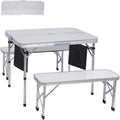 Off White Folding Picnic Table & 2-Bench Set with Umbrella Hole, 3-in-1 Portable for Adults & Kids