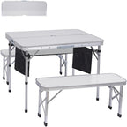 Off White Folding Picnic Table & 2-Bench Set with Umbrella Hole, 3-in-1 Portable for Adults & Kids