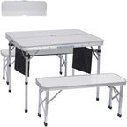 Camp Table Folding Camping Table Picnic Table Bench Set w/ 2 Benches, Table with Umbrella Hole for Adult for Kids (Off-White)