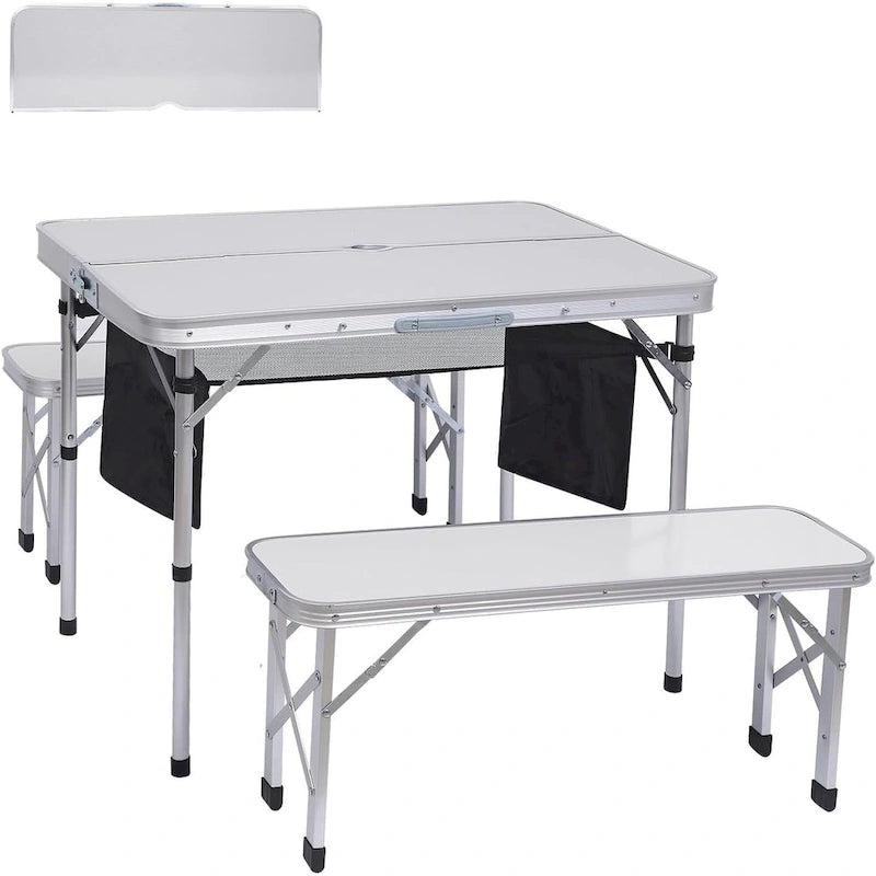 Camp Table Folding Camping Table Picnic Table Bench Set w/ 2 Benches, Table with Umbrella Hole for Adult for Kids (Off-White)