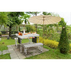 Off White Folding Picnic Table & 2-Bench Set with Umbrella Hole, 3-in-1 Portable for Adults & Kids