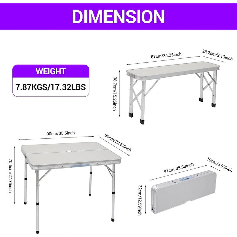Off White Folding Picnic Table & 2-Bench Set with Umbrella Hole, 3-in-1 Portable for Adults & Kids