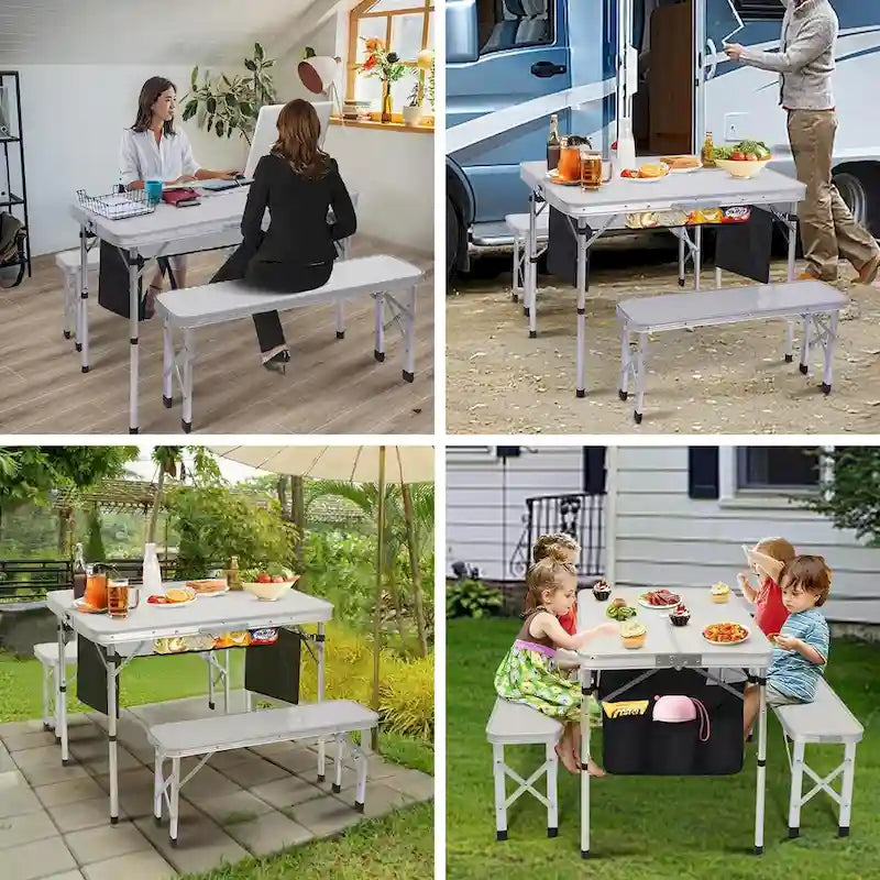 Off White Folding Picnic Table & 2-Bench Set with Umbrella Hole, 3-in-1 Portable for Adults & Kids