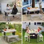 Off White Folding Picnic Table & 2-Bench Set with Umbrella Hole, 3-in-1 Portable for Adults & Kids