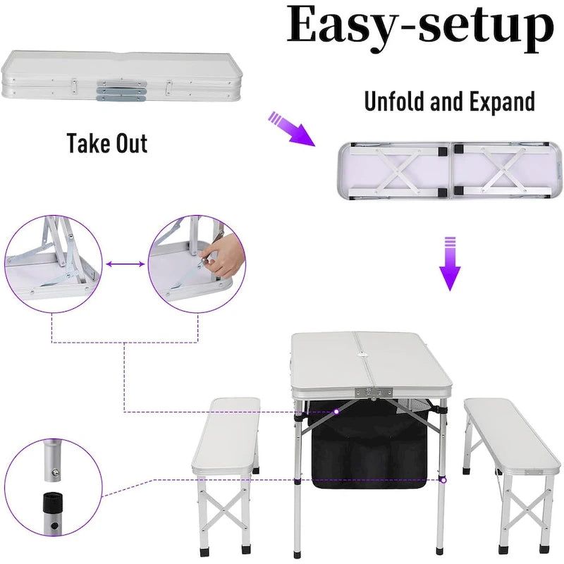 Off White Folding Picnic Table & 2-Bench Set with Umbrella Hole, 3-in-1 Portable for Adults & Kids