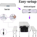 Off White Folding Picnic Table & 2-Bench Set with Umbrella Hole, 3-in-1 Portable for Adults & Kids