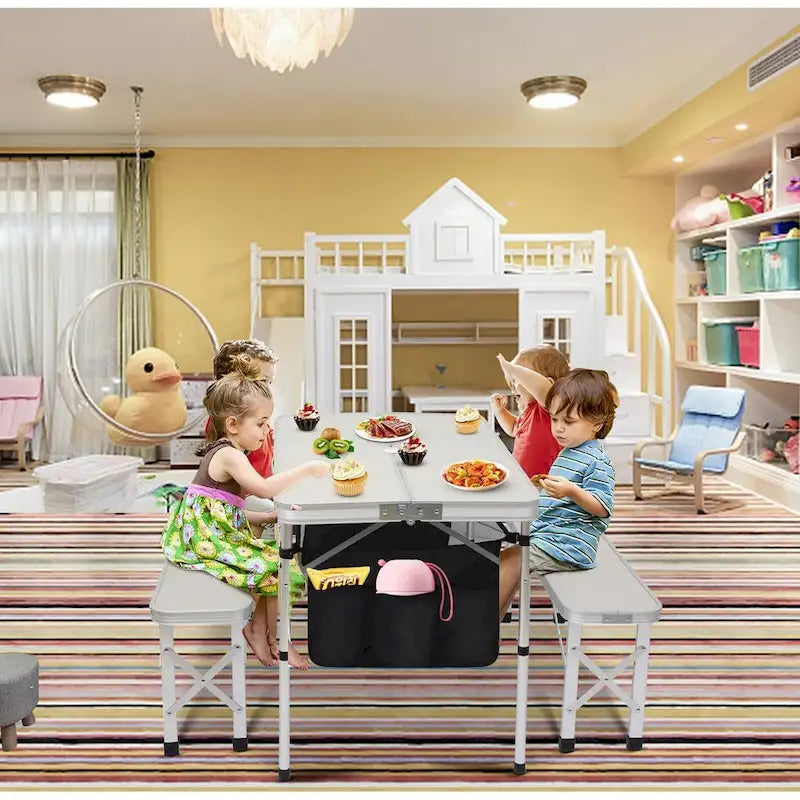 Off White Folding Picnic Table & 2-Bench Set with Umbrella Hole, 3-in-1 Portable for Adults & Kids