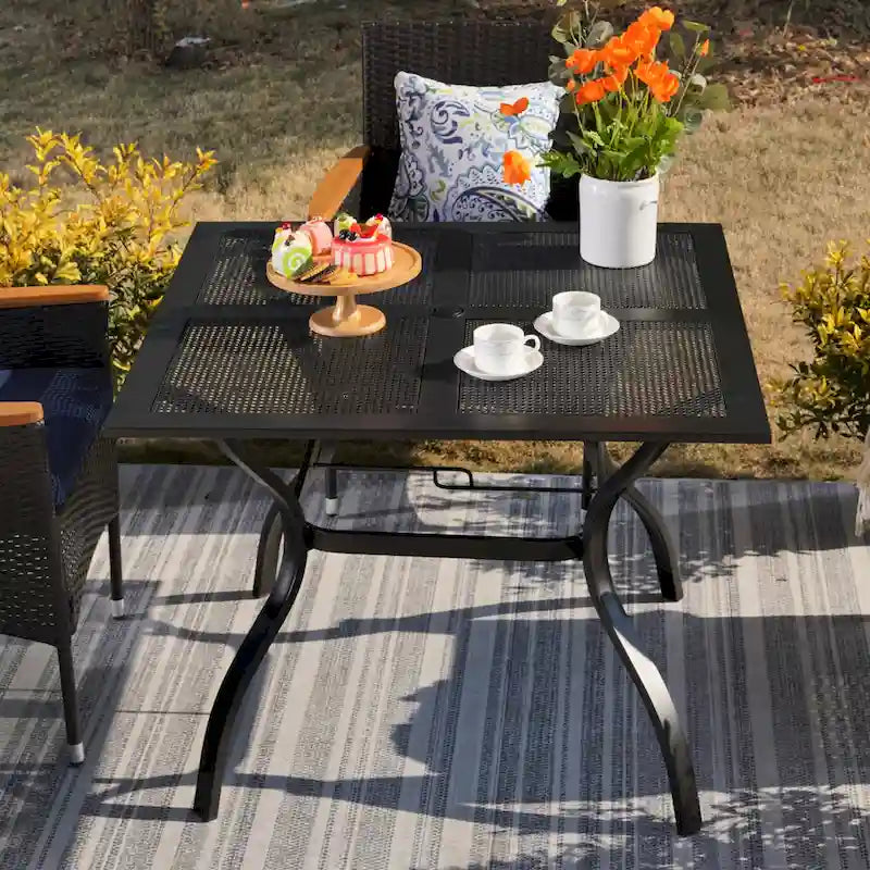 Black Square Outdoor Dining Table with Umbrella Hole, Seats 4