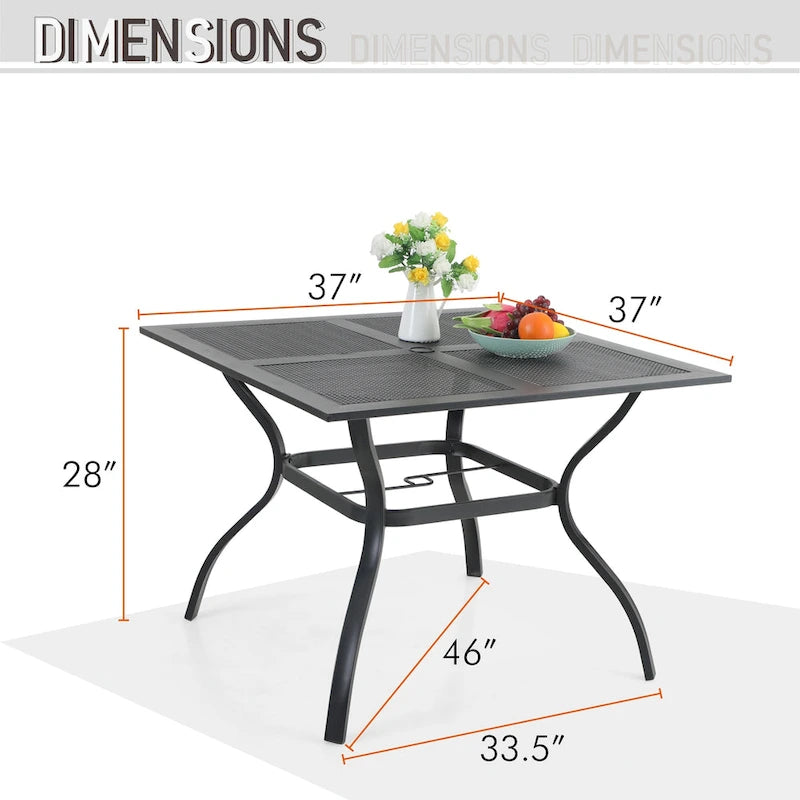 Black Square Outdoor Dining Table with Umbrella Hole, Seats 4