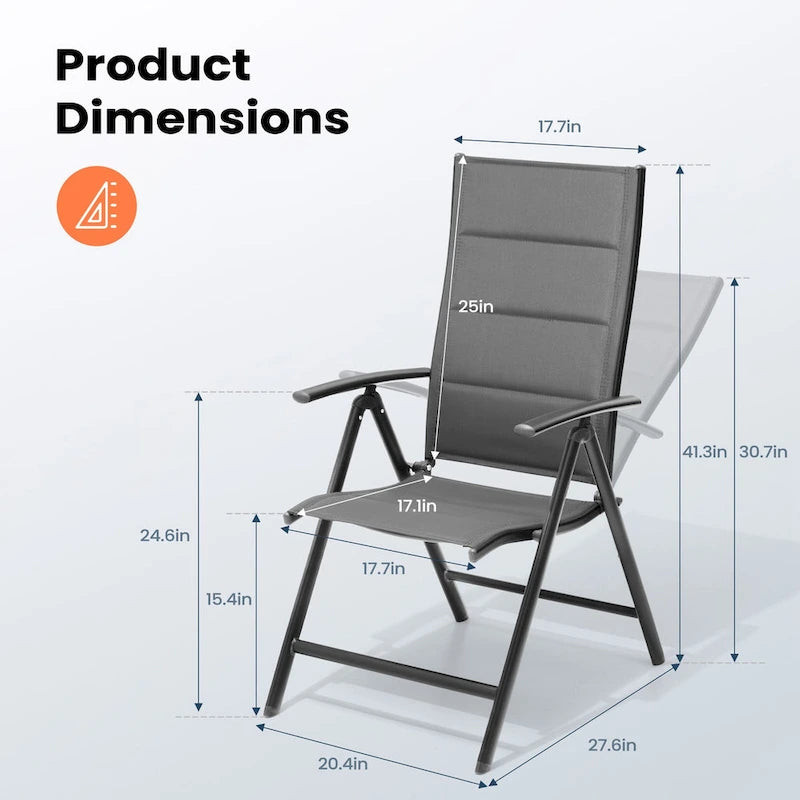 Dark Grey Folding Patio Dining Chair, Aluminum & Textilene, 8-Position Adjustable (Set of 2 or 4)