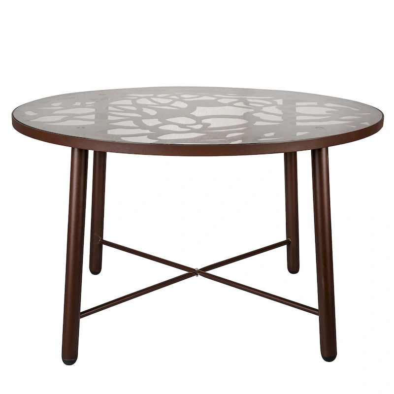 Round Outdoor Dining Table – Aluminum Frame with Tempered Glass Top, Floral Cutout, Seats 4 (White / Brown / Red / Black)