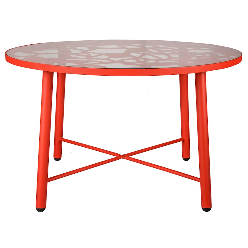 Round Outdoor Dining Table – Aluminum Frame with Tempered Glass Top, Floral Cutout, Seats 4 (White / Brown / Red / Black)