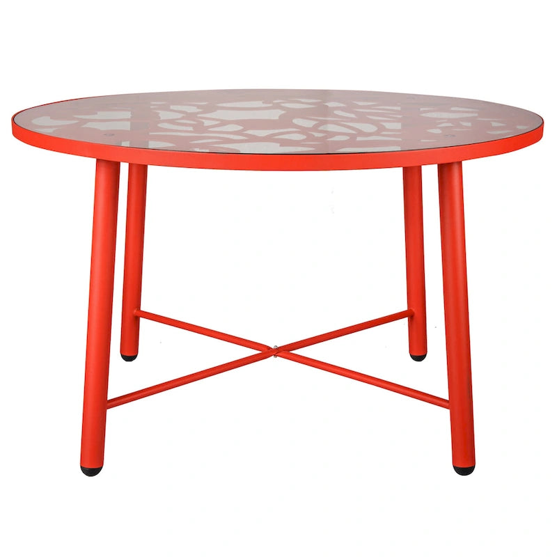 Round Outdoor Dining Table – Aluminum Frame with Tempered Glass Top, Floral Cutout, Seats 4 (White / Brown / Red / Black)