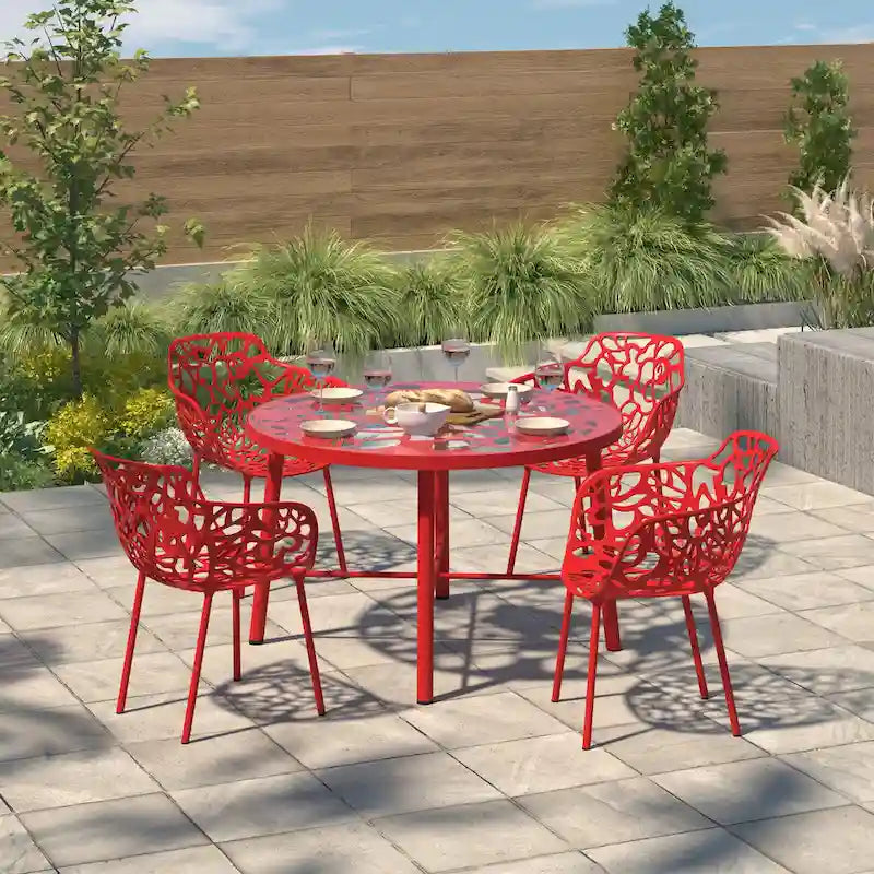 Round Outdoor Dining Table – Aluminum Frame with Tempered Glass Top, Floral Cutout, Seats 4 (White / Brown / Red / Black)