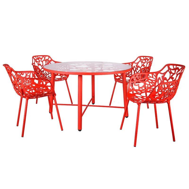 Round Outdoor Dining Table – Aluminum Frame with Tempered Glass Top, Floral Cutout, Seats 4 (White / Brown / Red / Black)