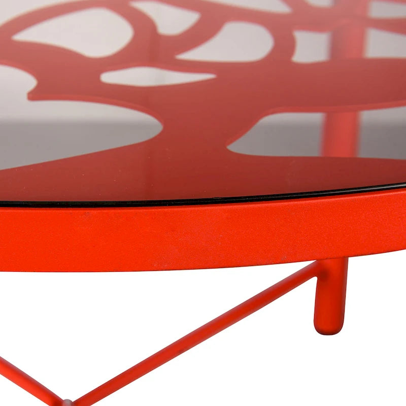 Round Outdoor Dining Table – Aluminum Frame with Tempered Glass Top, Floral Cutout, Seats 4 (White / Brown / Red / Black)