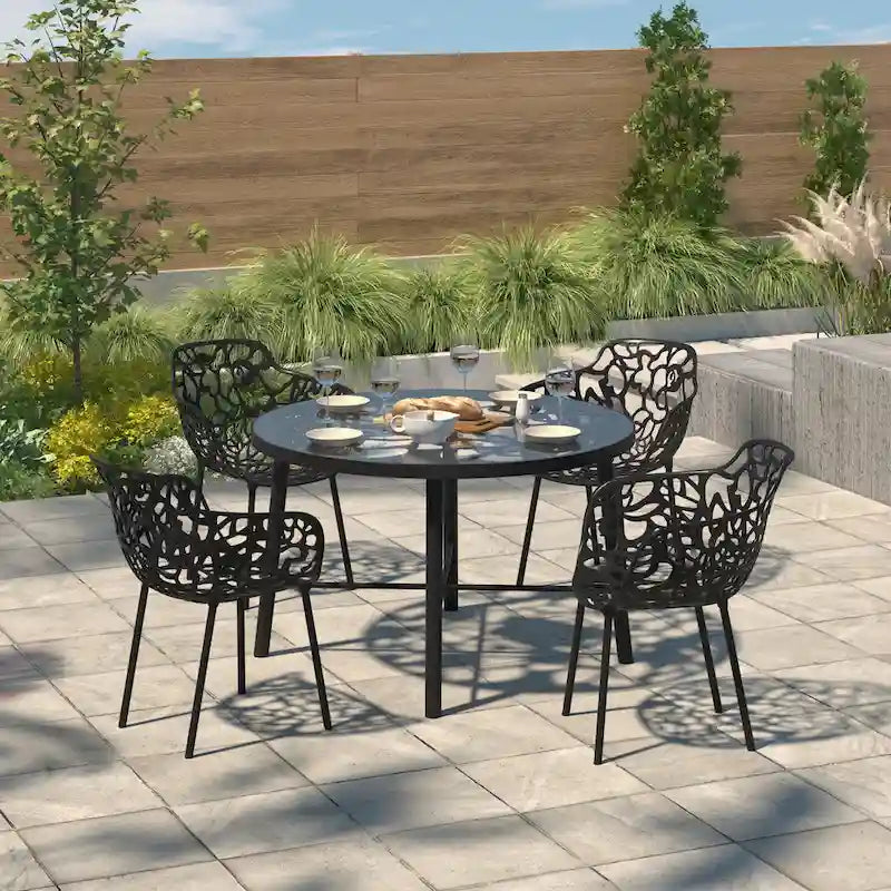 Round Outdoor Dining Table – Aluminum Frame with Tempered Glass Top, Floral Cutout, Seats 4 (White / Brown / Red / Black)