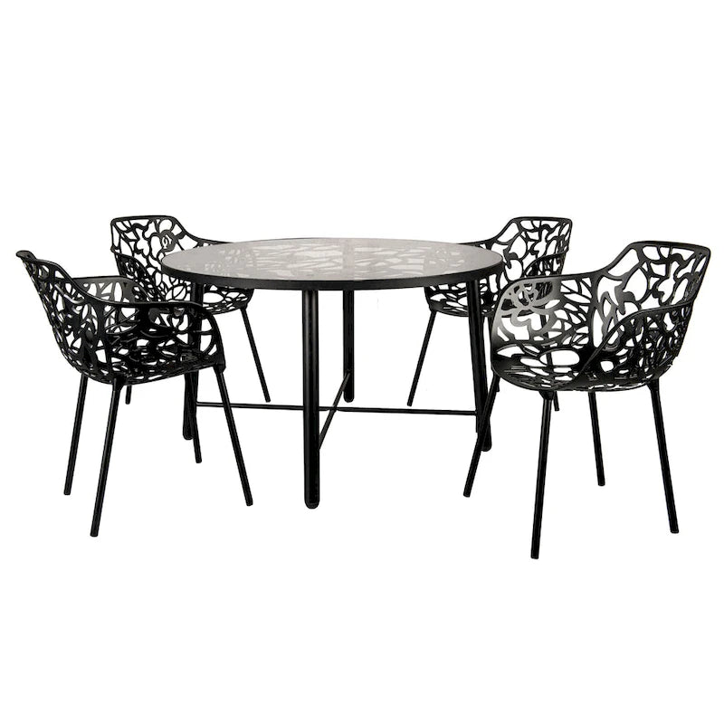 Round Outdoor Dining Table – Aluminum Frame with Tempered Glass Top, Floral Cutout, Seats 4 (White / Brown / Red / Black)