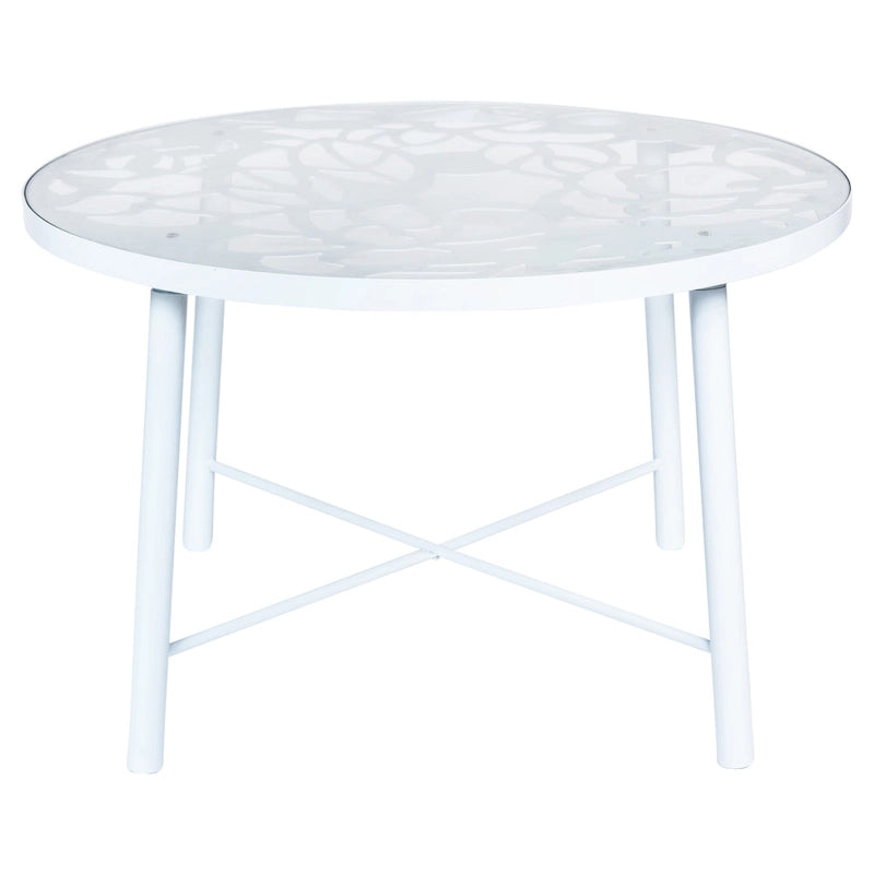 Round Outdoor Dining Table – Aluminum Frame with Tempered Glass Top, Floral Cutout, Seats 4 (White / Brown / Red / Black)