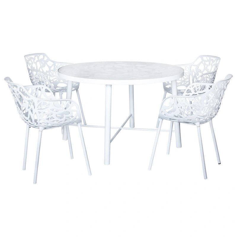 Round Outdoor Dining Table – Aluminum Frame with Tempered Glass Top, Floral Cutout, Seats 4 (White / Brown / Red / Black)