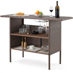 Brown / Black Wicker Outdoor Bar Counter Table, 2-Tier, Seats 6