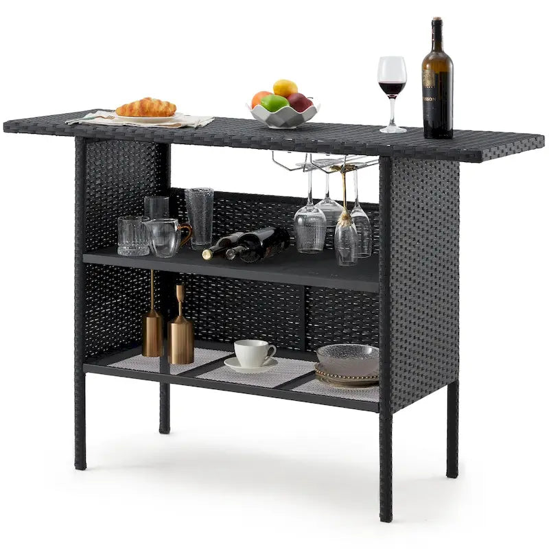 Brown / Black Wicker Outdoor Bar Counter Table, 2-Tier, Seats 6