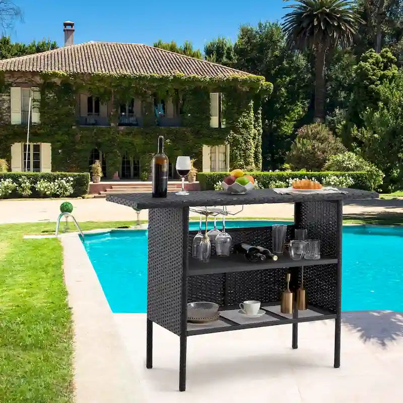 Brown / Black Wicker Outdoor Bar Counter Table, 2-Tier, Seats 6