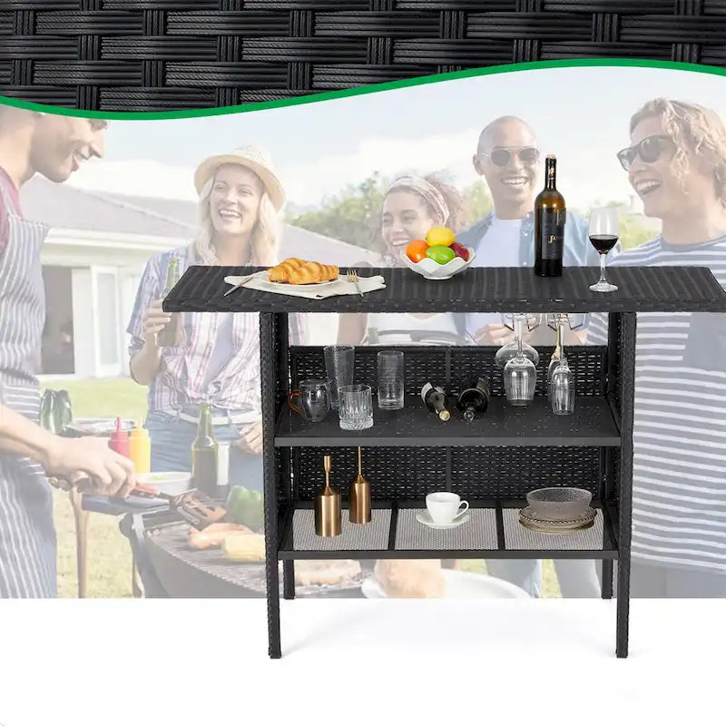 Brown / Black Wicker Outdoor Bar Counter Table, 2-Tier, Seats 6