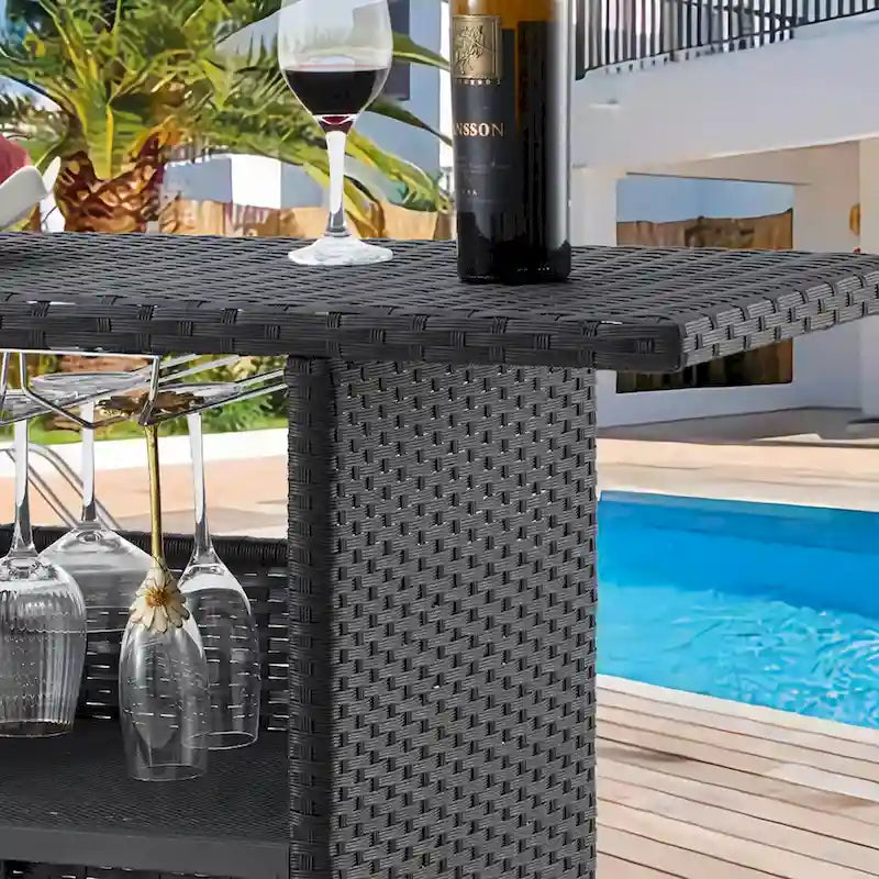Brown / Black Wicker Outdoor Bar Counter Table, 2-Tier, Seats 6