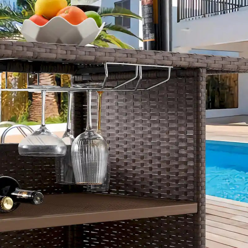 Brown / Black Wicker Outdoor Bar Counter Table, 2-Tier, Seats 6