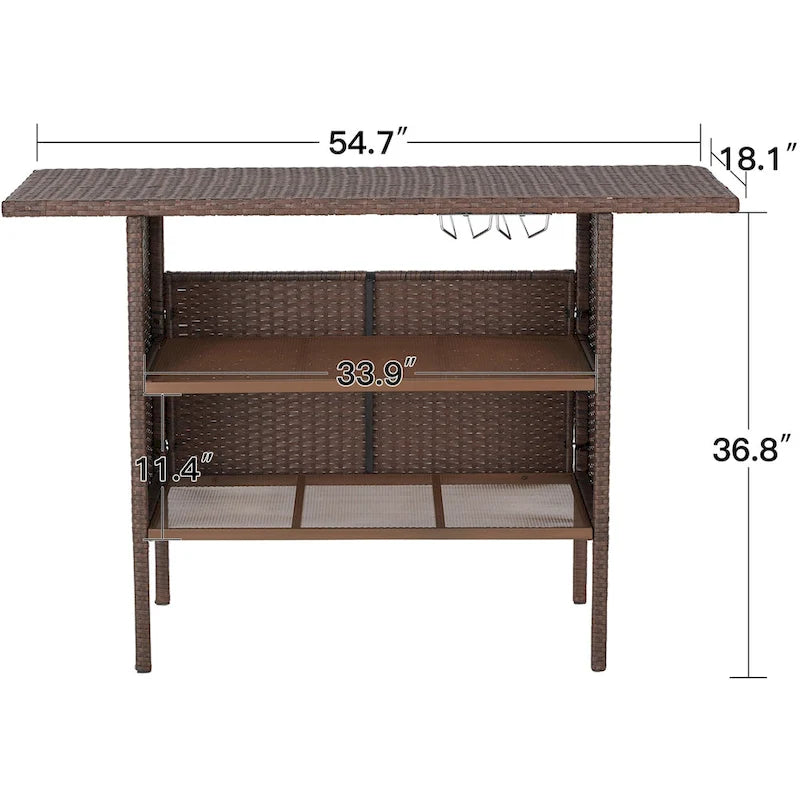 Brown / Black Wicker Outdoor Bar Counter Table, 2-Tier, Seats 6