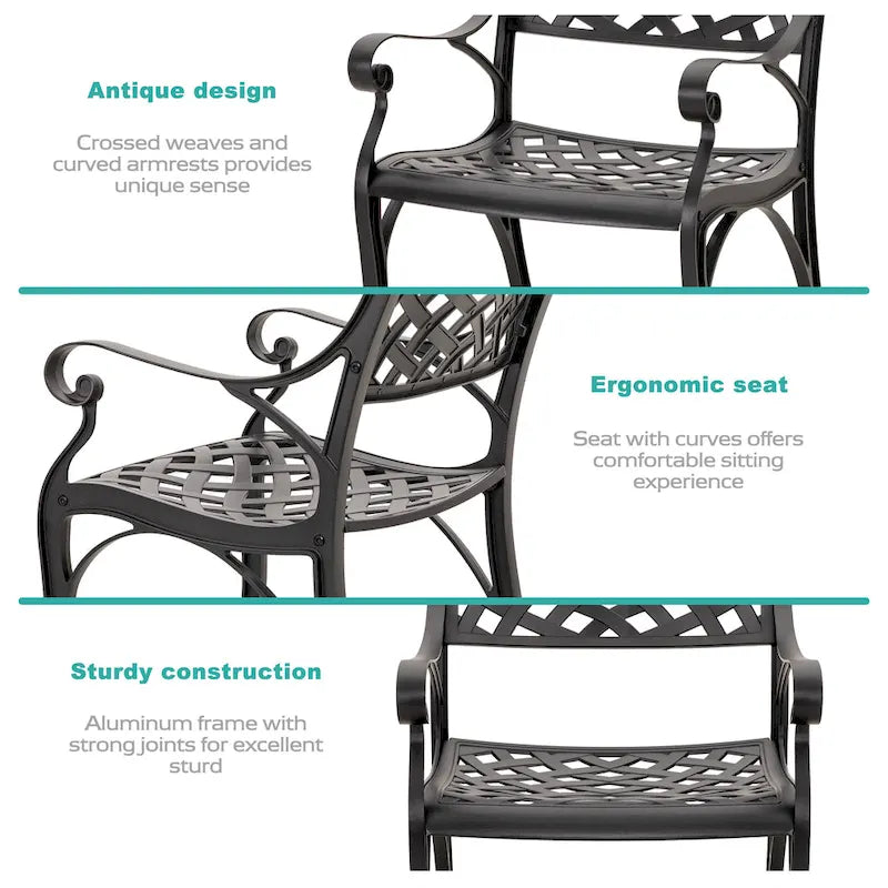 Black & Gold Cast Aluminum Bistro Chair Set, Lattice Style, 2-Person