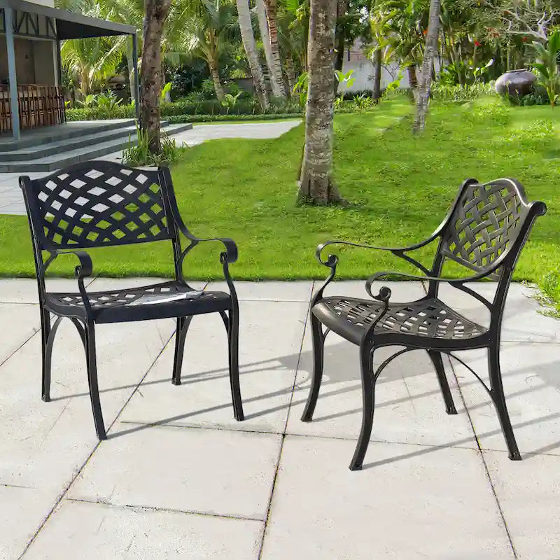Black & Gold Cast Aluminum Bistro Chair Set, Lattice Style, 2-Person
