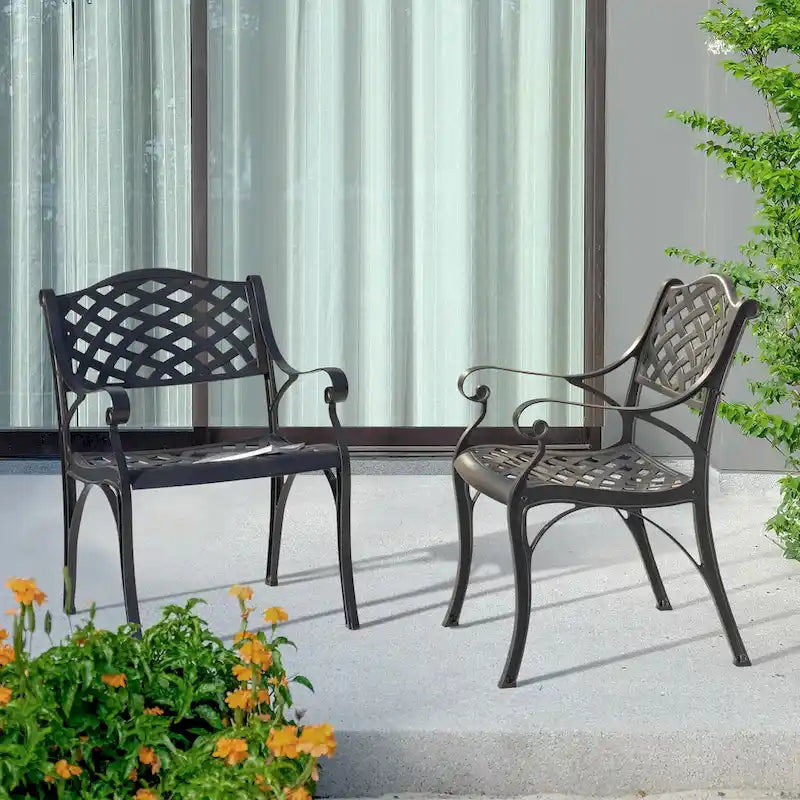 Black & Gold Cast Aluminum Bistro Chair Set, Lattice Style, 2-Person
