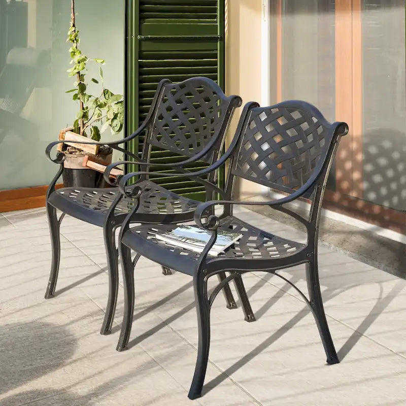 Black & Gold Cast Aluminum Bistro Chair Set, Lattice Style, 2-Person