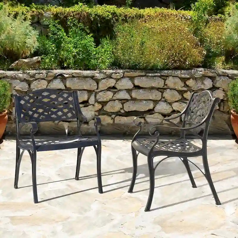 Black & Gold Cast Aluminum Bistro Chair Set, Lattice Style, 2-Person