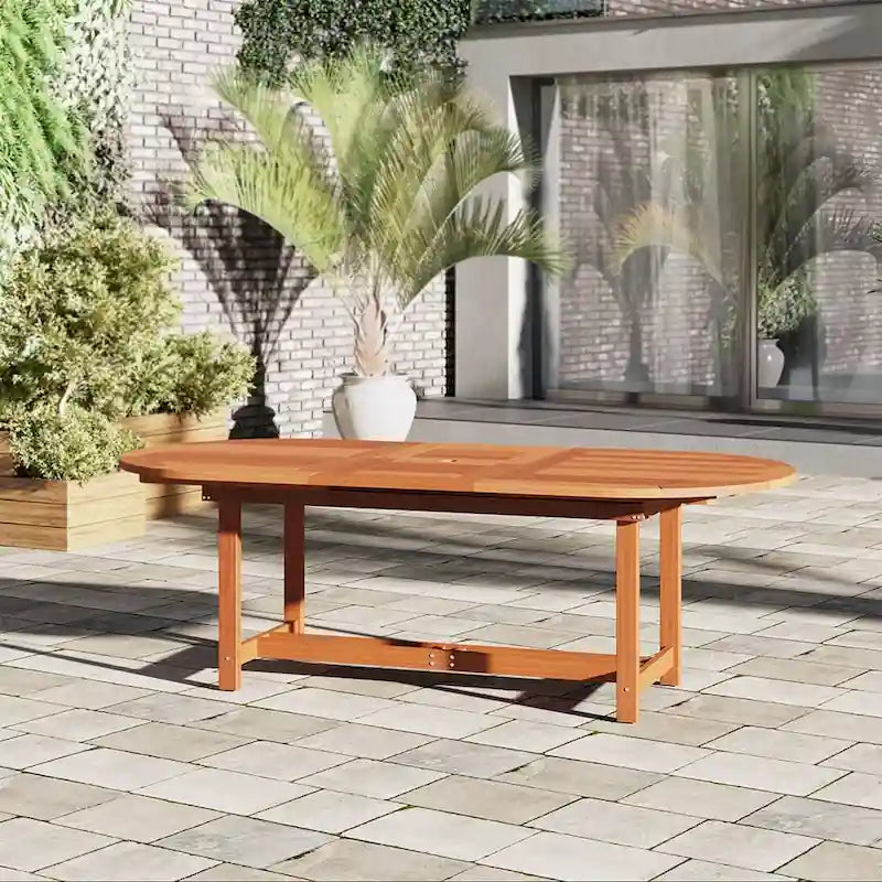 Brown Oval Eucalyptus Wood Outdoor Dining Table with Extension, Seats 8 - 71"L x 43"W x 29"H