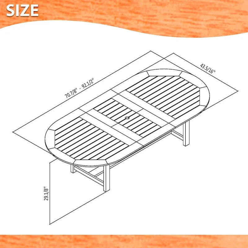 Brown Oval Eucalyptus Wood Outdoor Dining Table with Extension, Seats 8 - 71"L x 43"W x 29"H