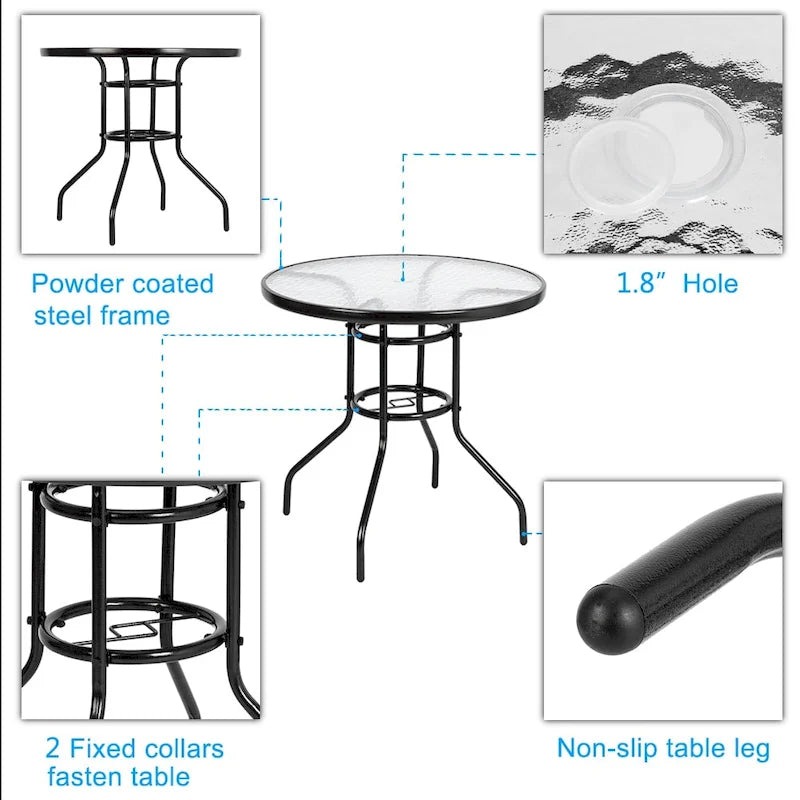 Dark Chocolate Round Outdoor Dining Table – 2-Person, Steel & Glass