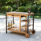 Natural Acacia / Black Outdoor Bar Cart with Storage, 3 Shelves & Bottle Holders