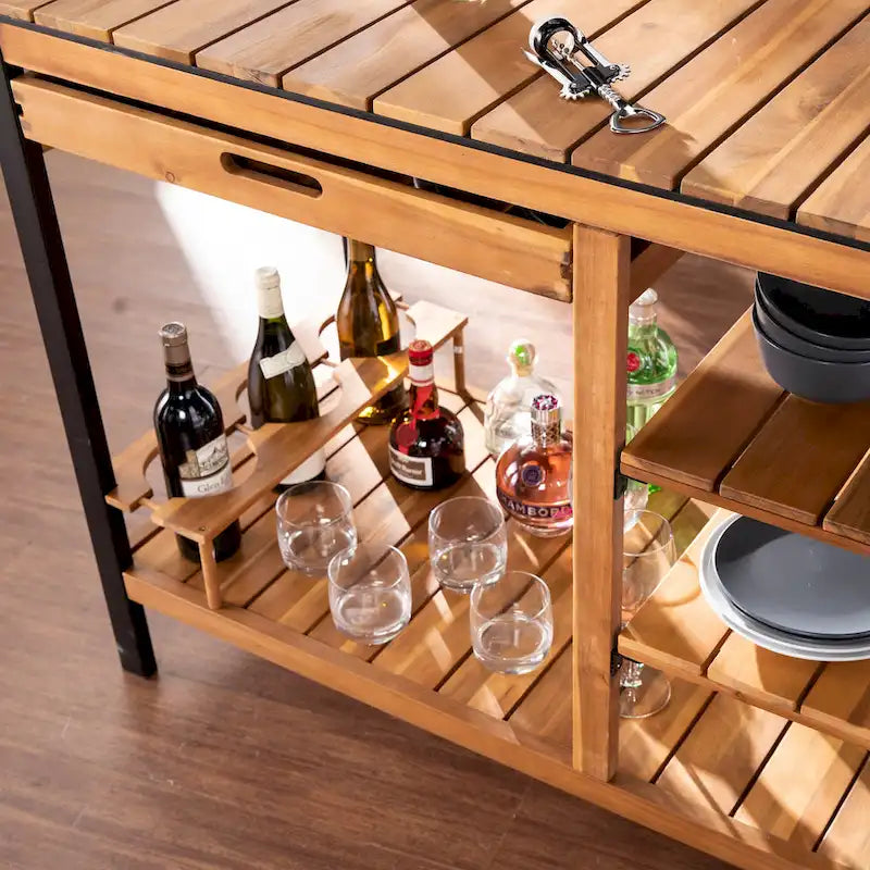 Natural Acacia / Black Outdoor Bar Cart with Storage, 3 Shelves & Bottle Holders