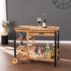 Natural Acacia / Black Outdoor Bar Cart with Storage, 3 Shelves & Bottle Holders