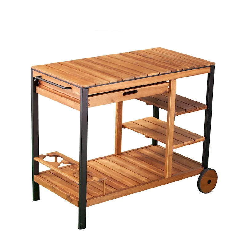Natural Acacia / Black Outdoor Bar Cart with Storage, 3 Shelves & Bottle Holders