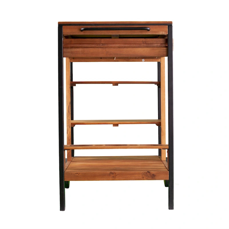 Natural Acacia / Black Outdoor Bar Cart with Storage, 3 Shelves & Bottle Holders